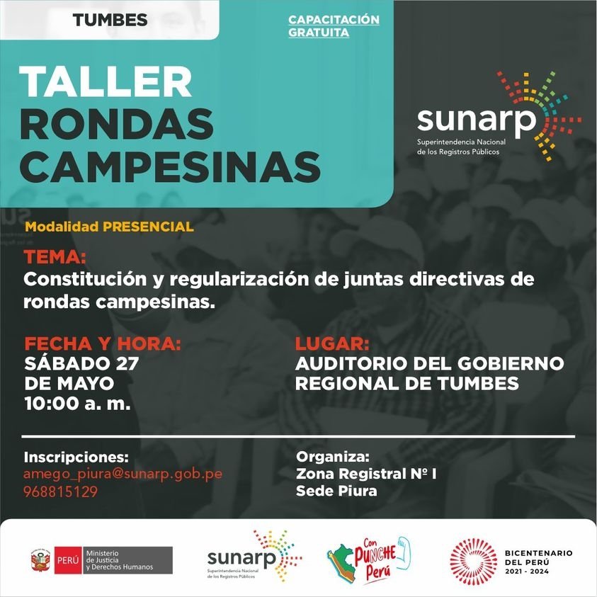 Taller presencial gratuito "Constitución y regularización de juntas directivas de rondas campesinas" de SUNARP